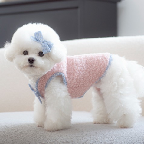 [핑크] 반려견 강아지 겨울옷 리본 양털 베스트 조끼
